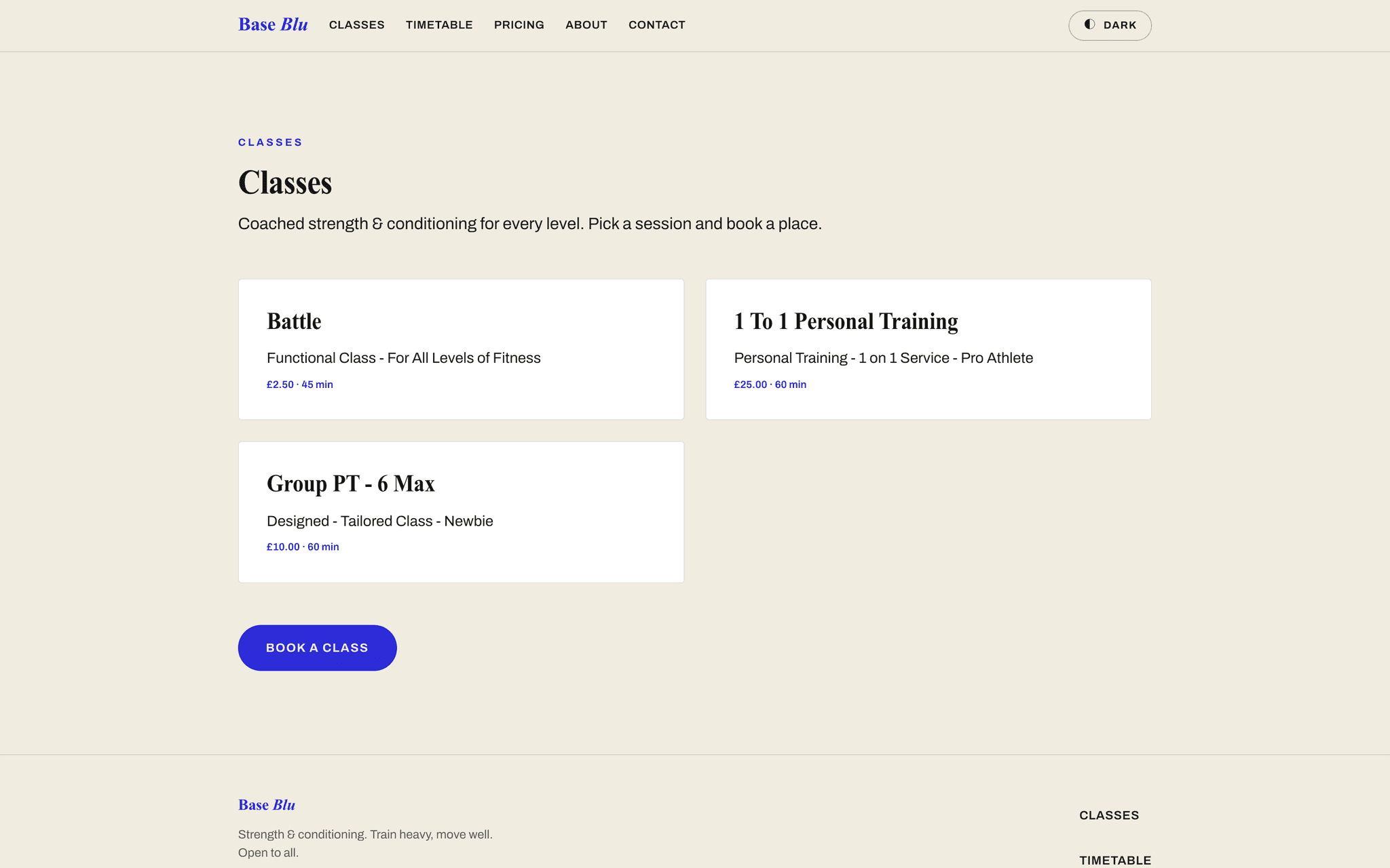 Live Base Blu classes page showing training services, descriptions, durations and prices