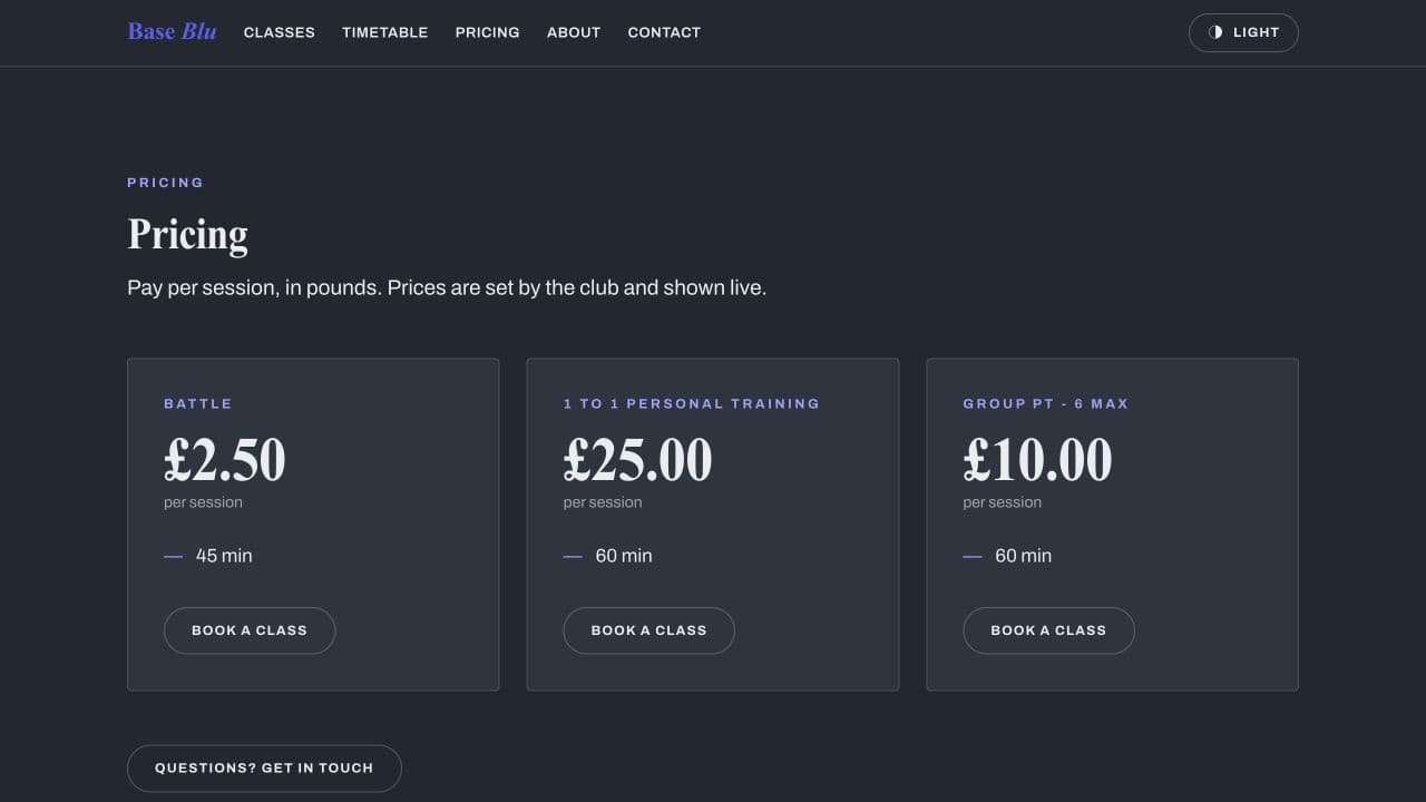 Base Blu pricing page with per-session prices and booking calls to action