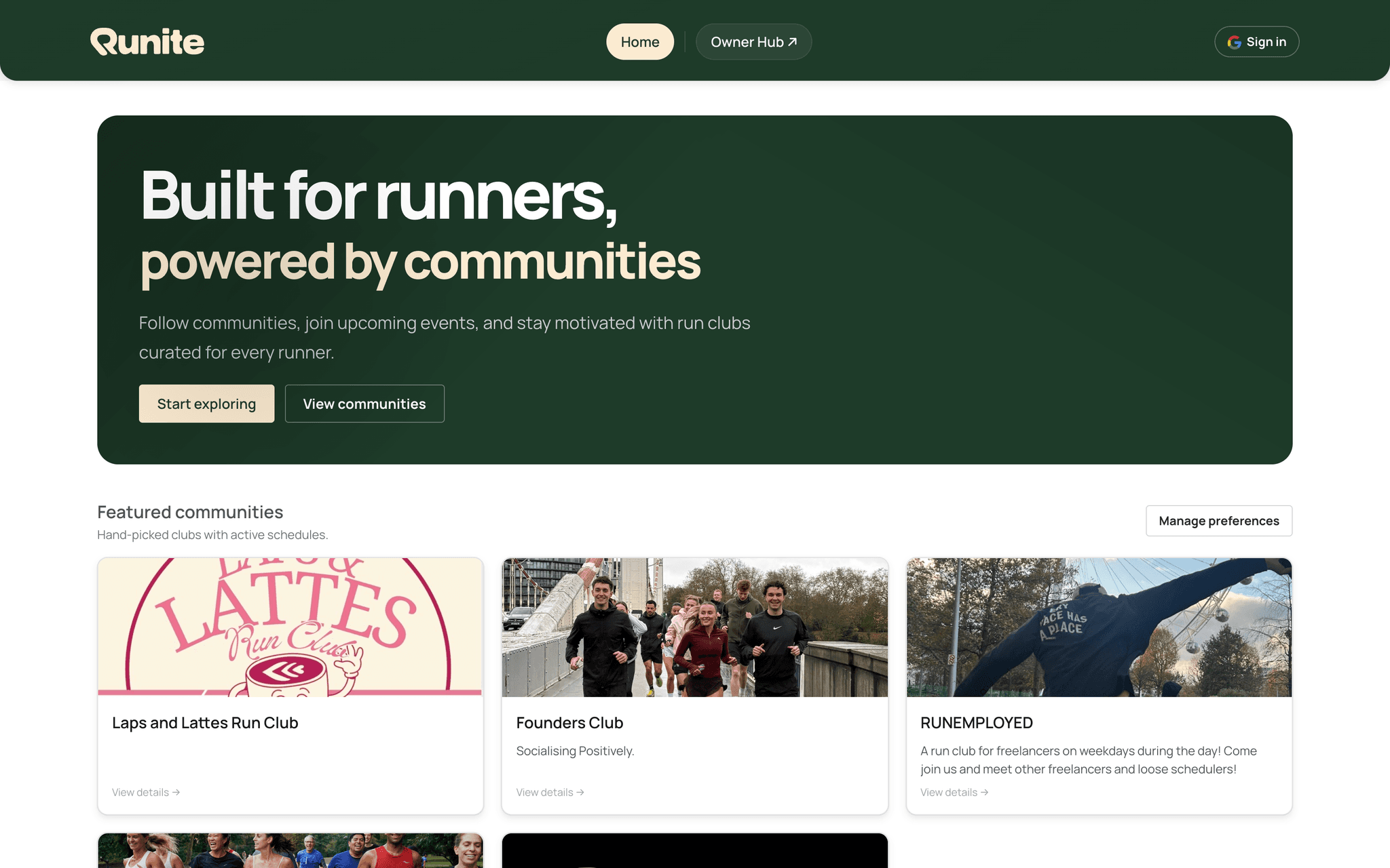 Live Runite platform showing community-led running discovery