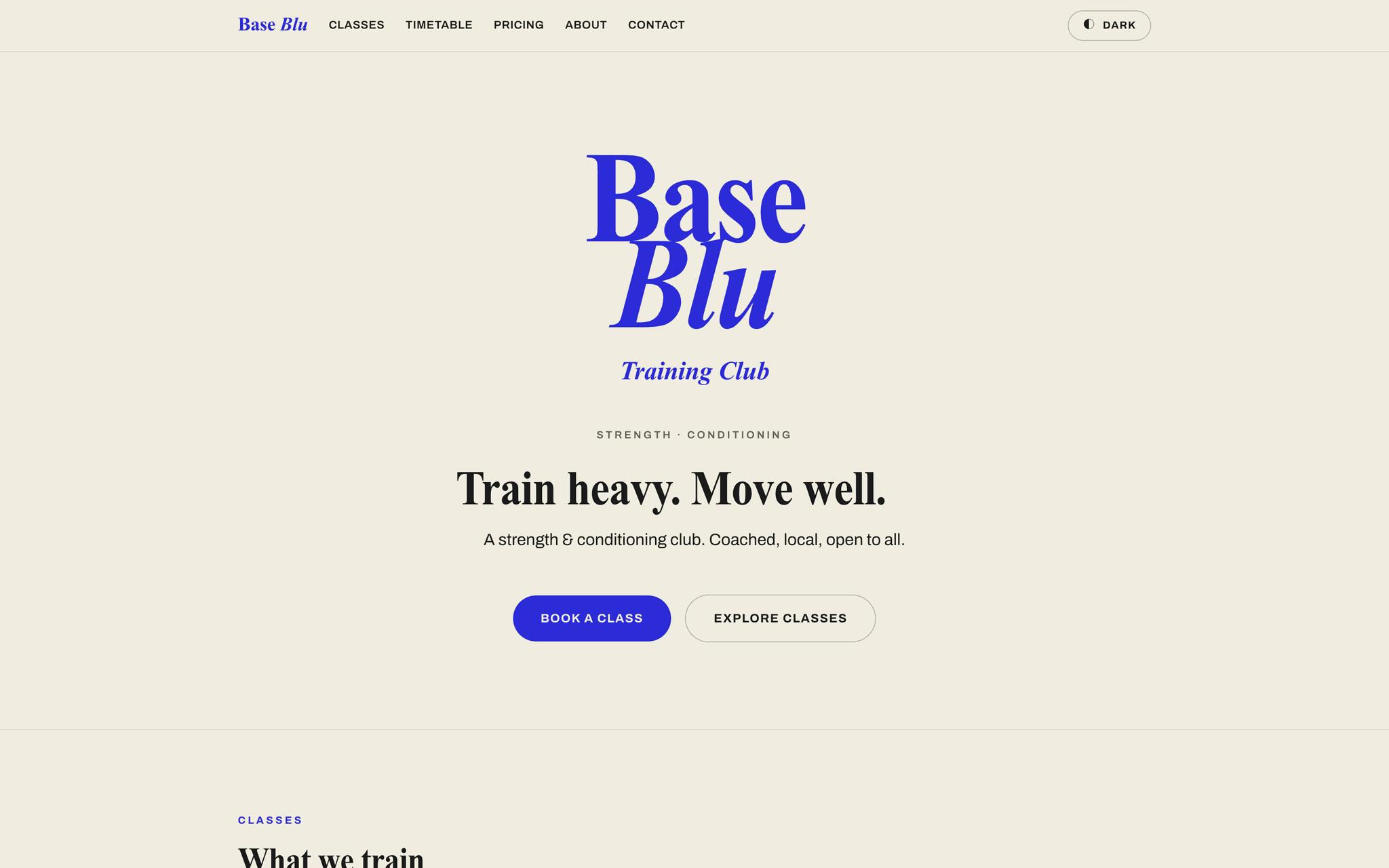 Live Base Blu Training Club homepage with editorial brand treatment and booking entry points.