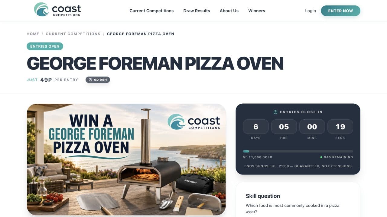 Coast competition page with prize imagery, entry price, countdown, ticket availability and skill question