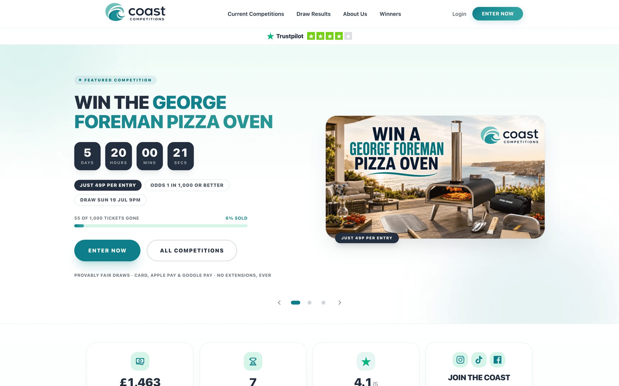 Live Coast Competitions homepage showing active competition cards, entry pricing and recent winners.