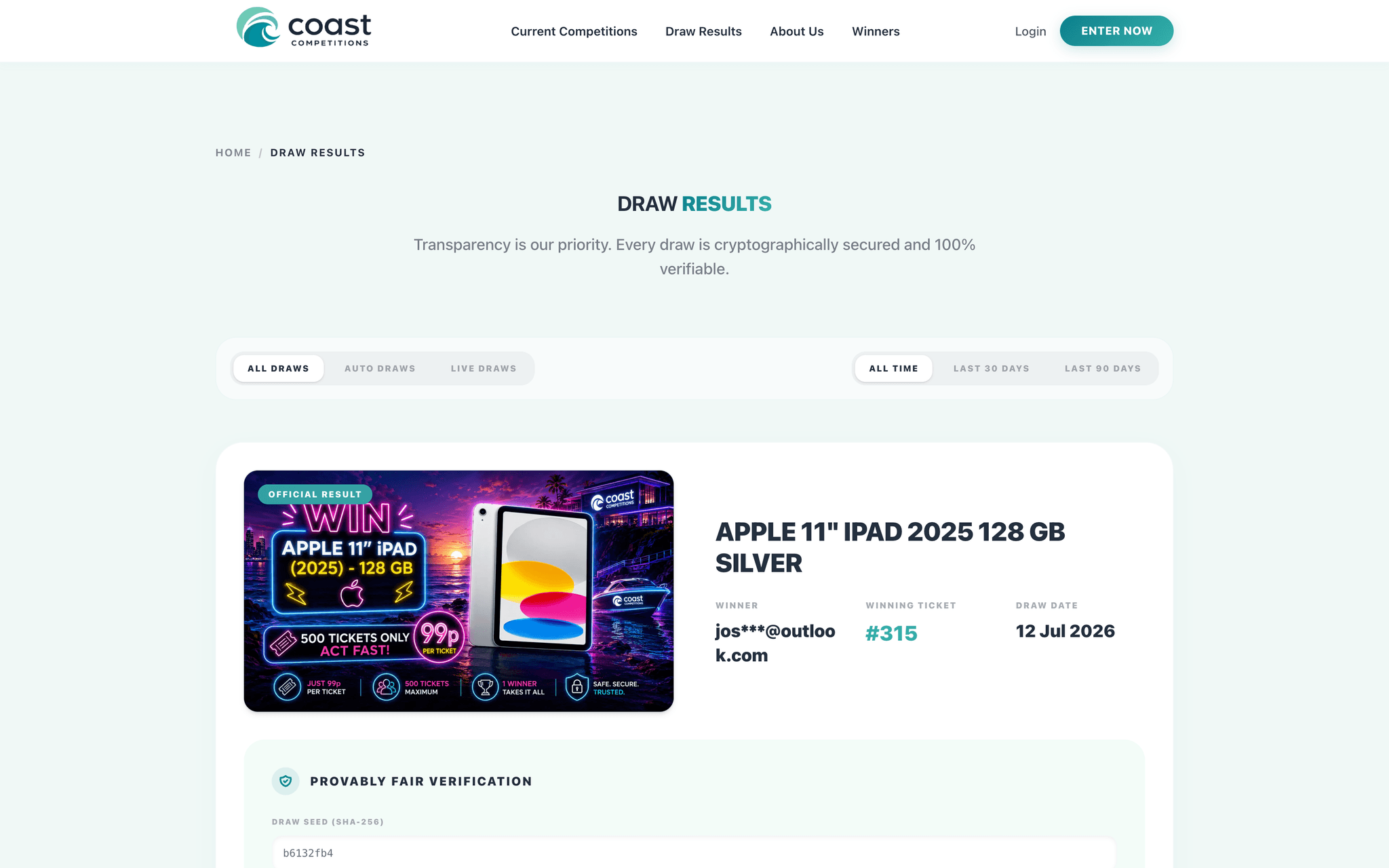 Coast Draw Results page showing published competition results and the recorded draw details