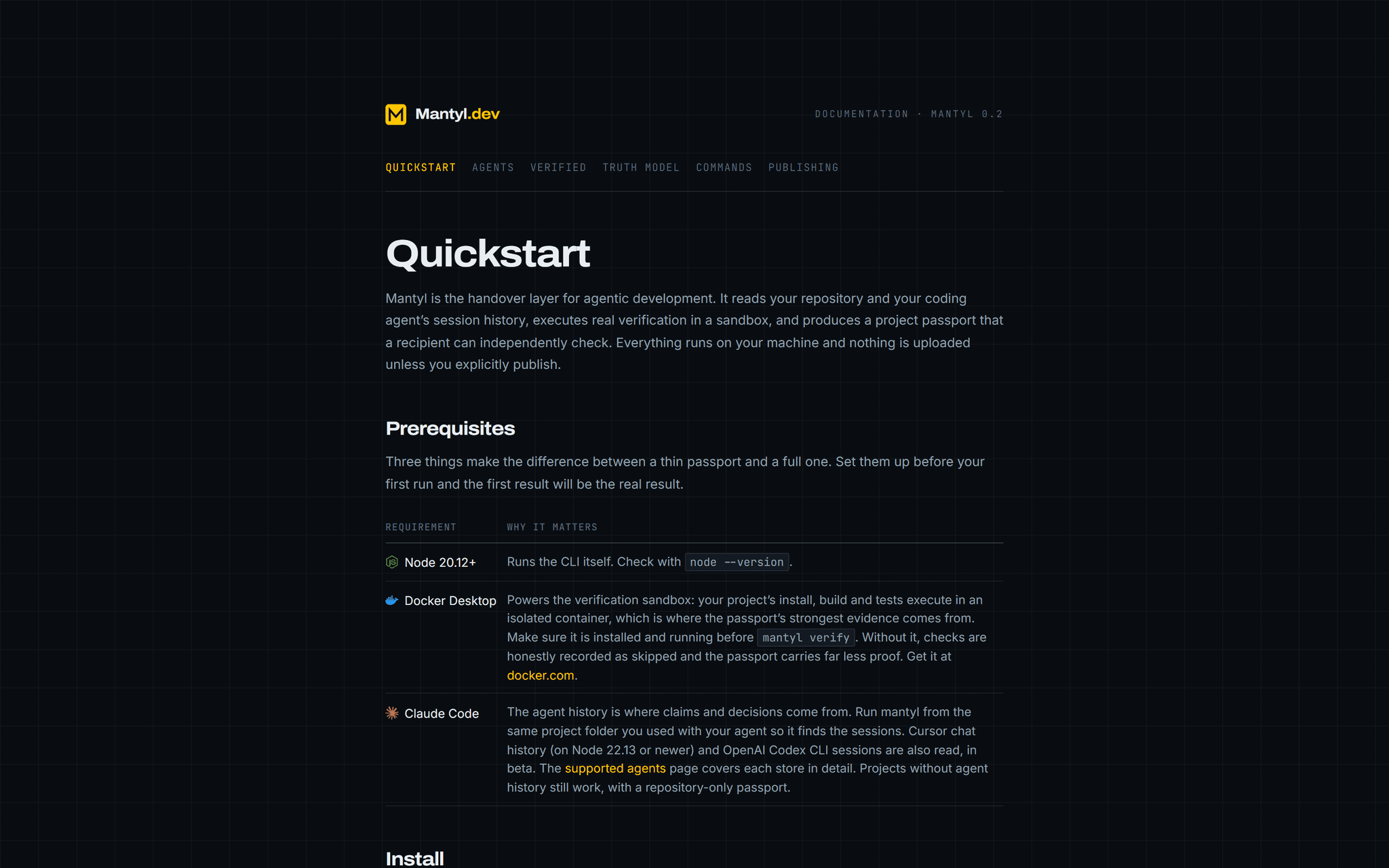 Live Mantyl documentation quickstart explaining prerequisites, the verification sandbox and honest recording of skipped checks