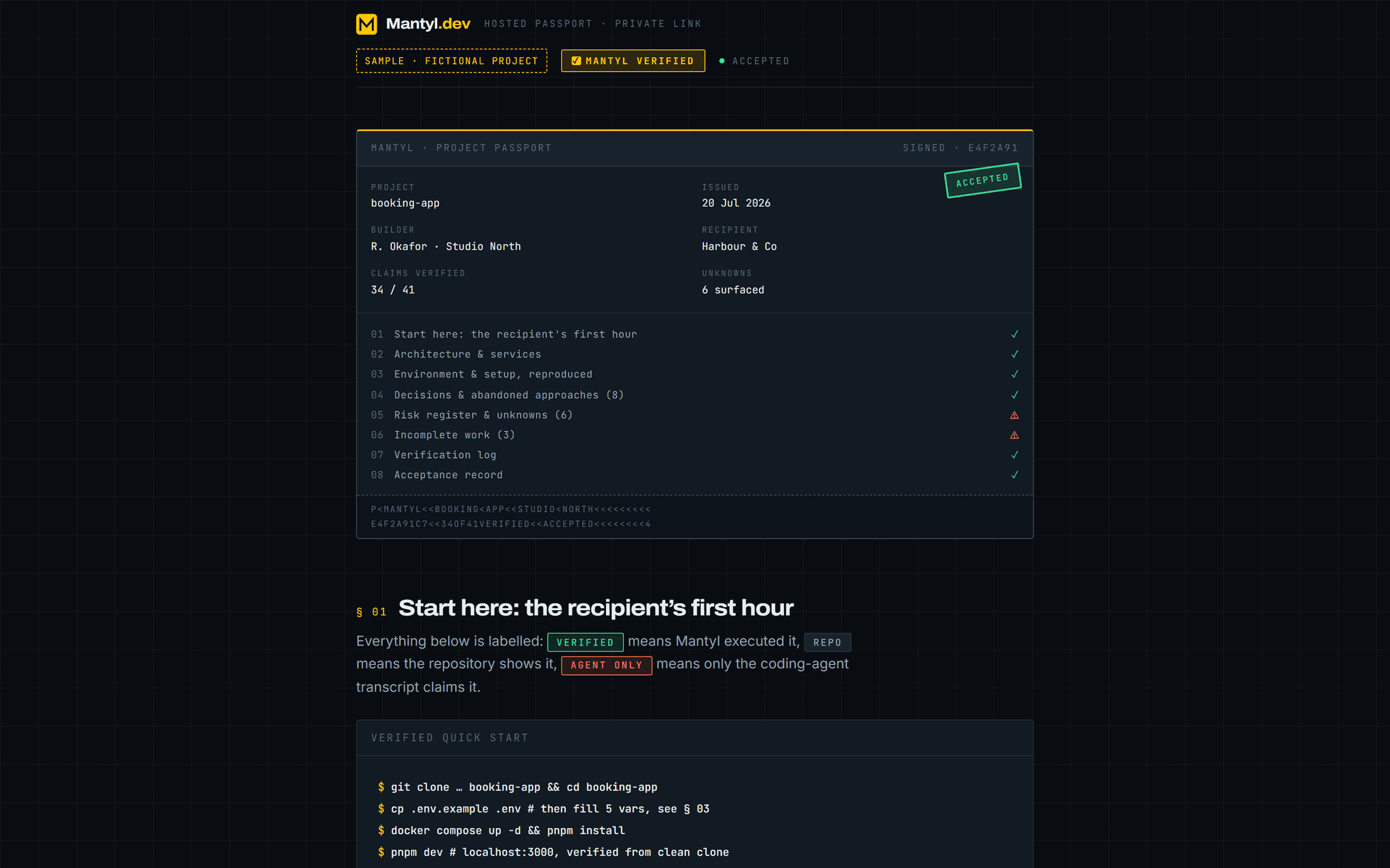 Live Mantyl example passport page for a clearly labelled fictional project, showing verified claim counts, section checklist and evidence labels