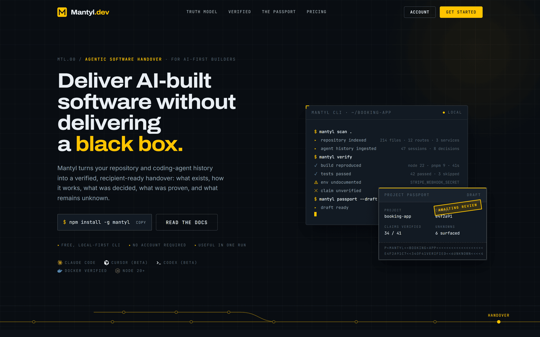 Live Mantyl homepage stating the handover proposition beside a simulated CLI run producing a draft project passport.