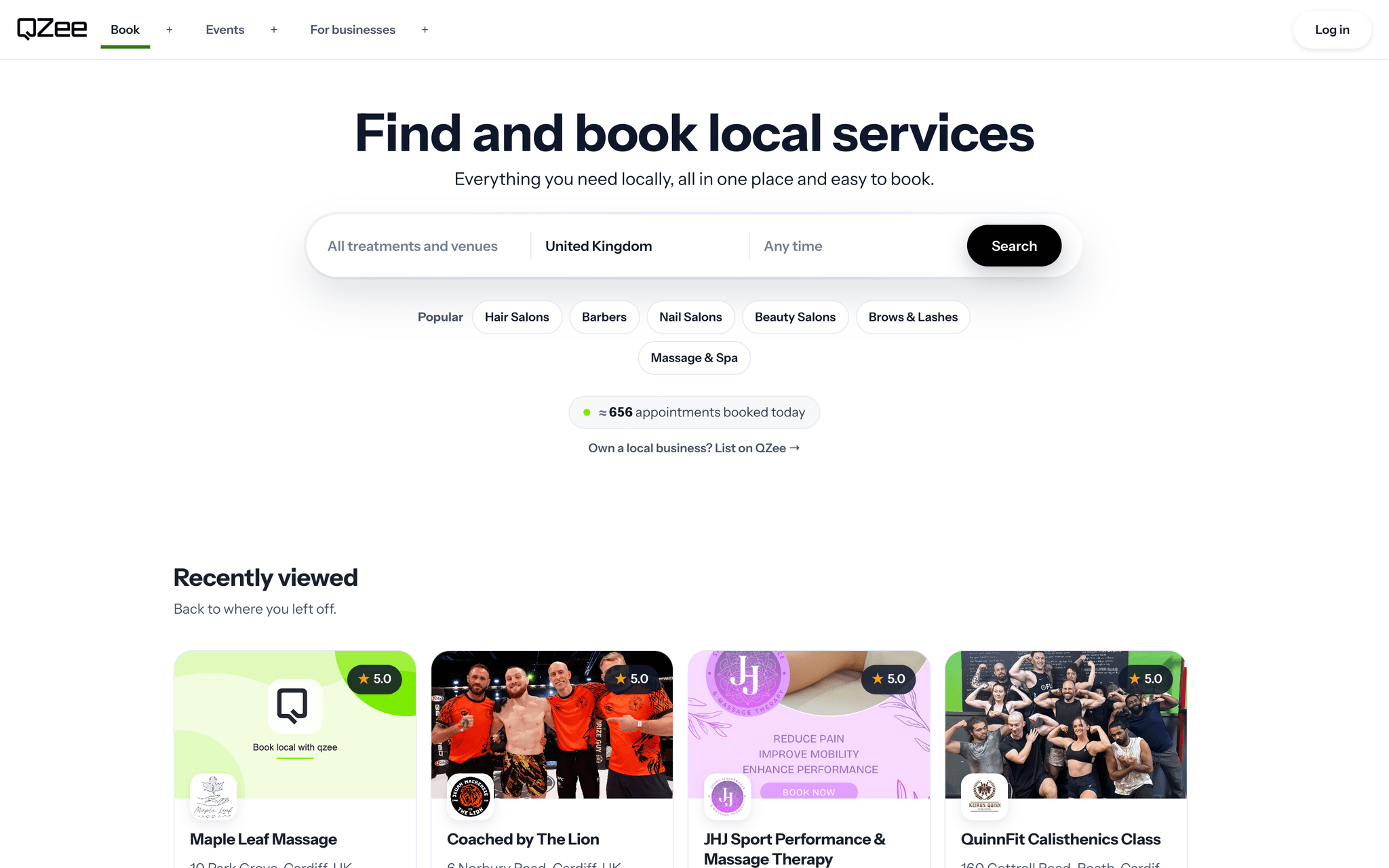 QZee customer booking product showing service discovery and availability