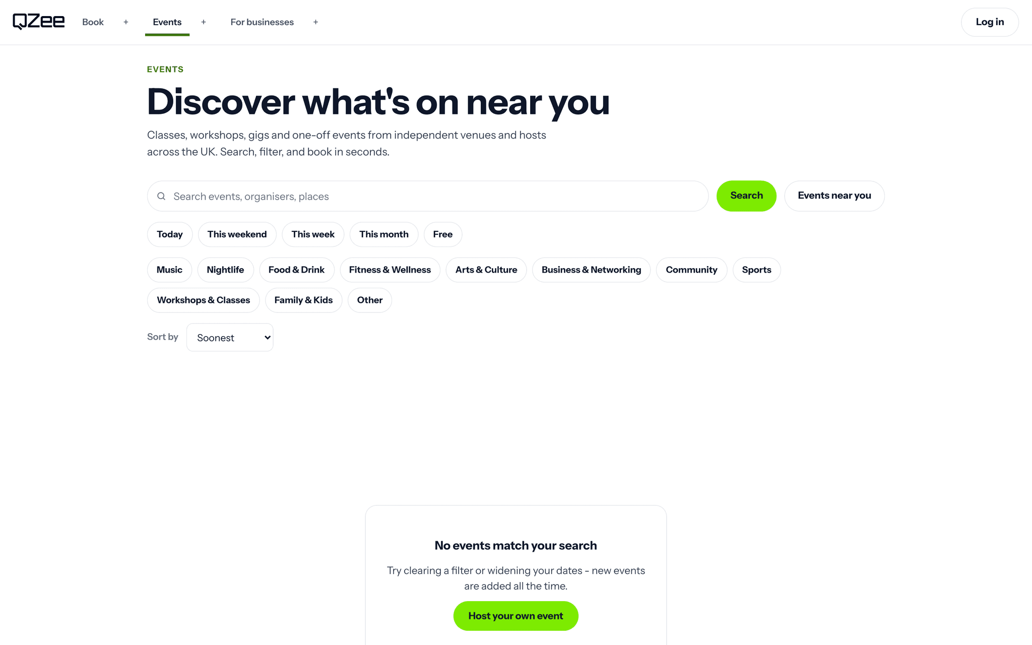 QZee events product showing public event search, category filters and an empty result state