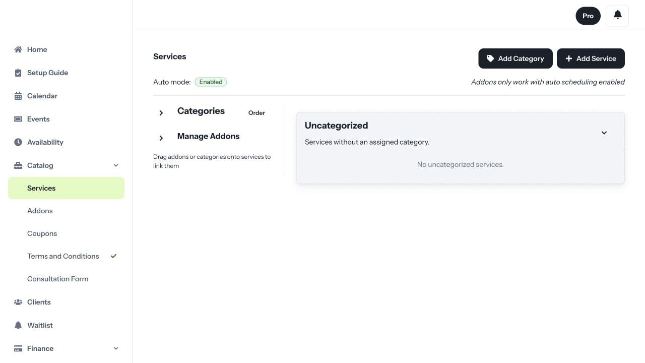 QZee Owners services workspace showing catalogue controls, add-ons, categories and broader owner navigation
