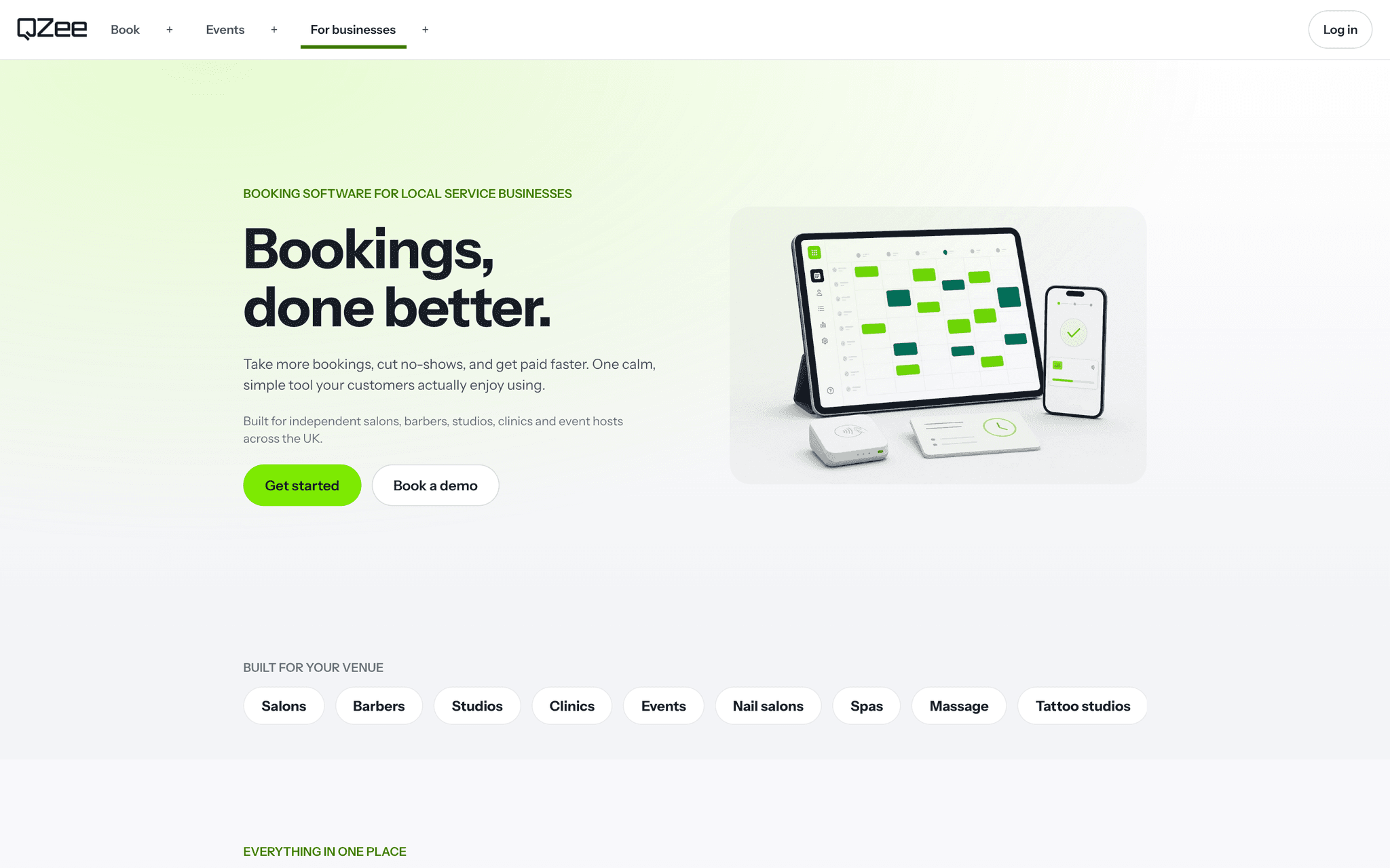 QZee public website presenting the connected customer and business booking platform