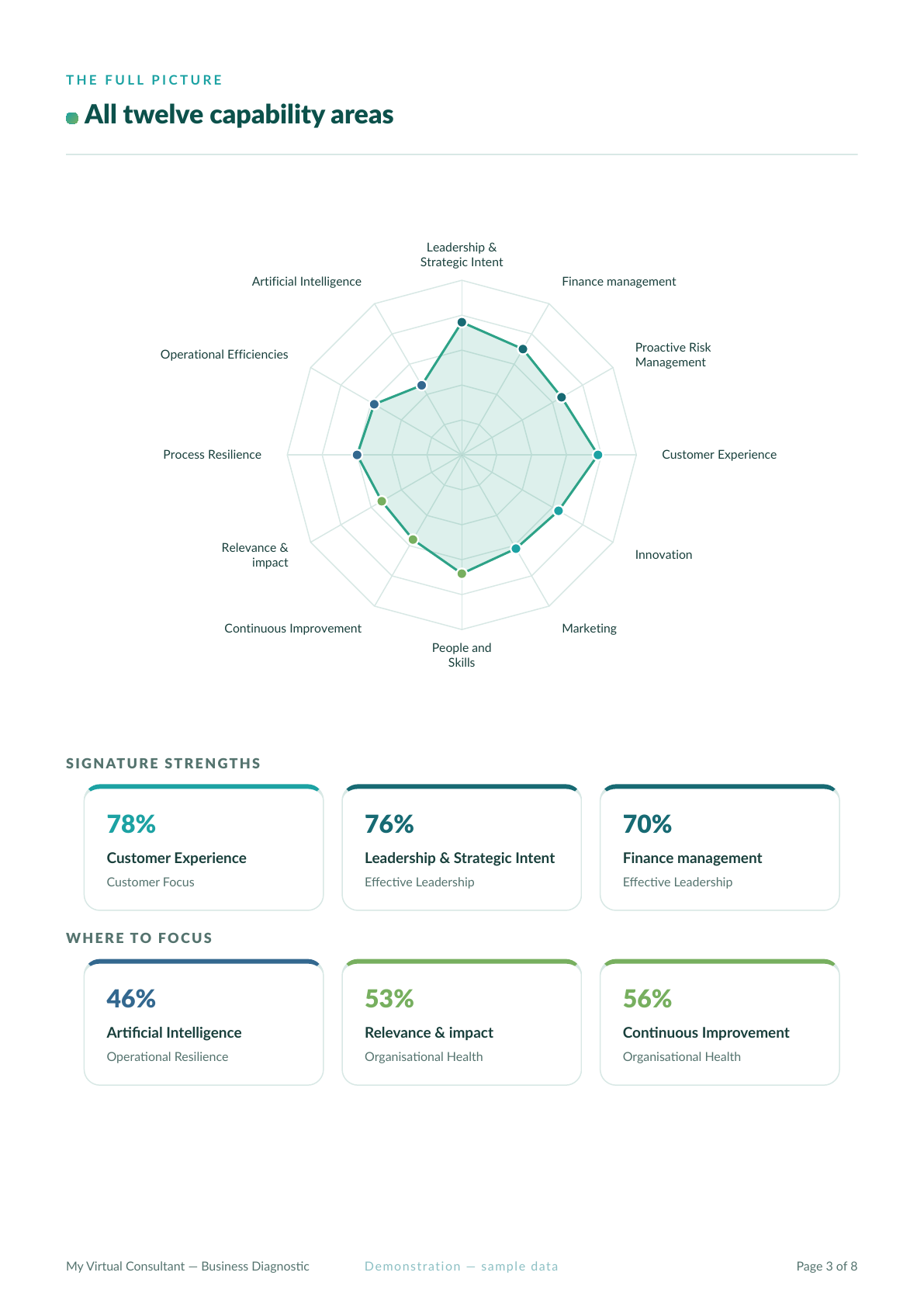 Demonstration MTCC report overview with a twelve-area radar chart, strengths and focus areas