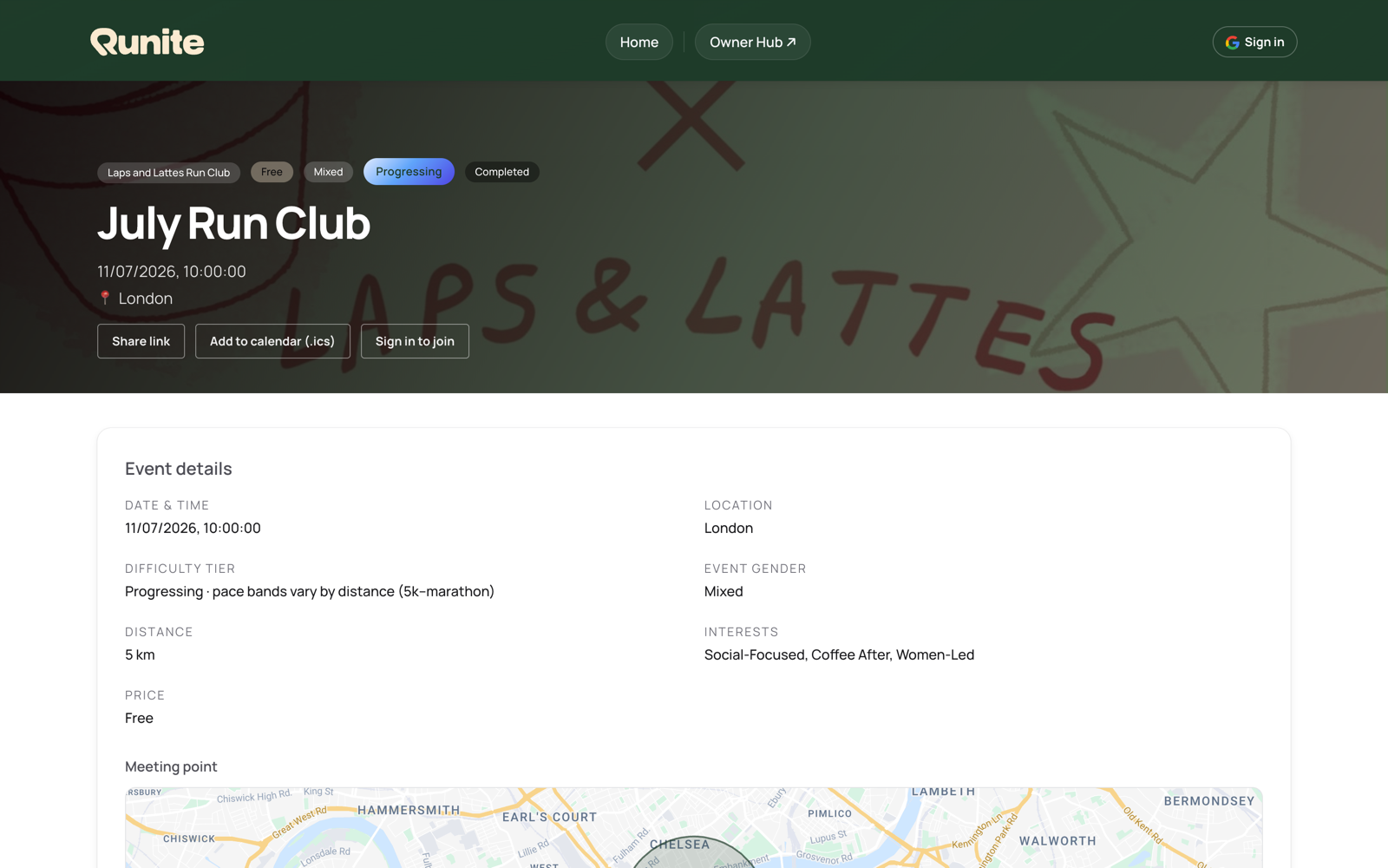 Runite demonstration event page with difficulty, date, location, calendar action and map