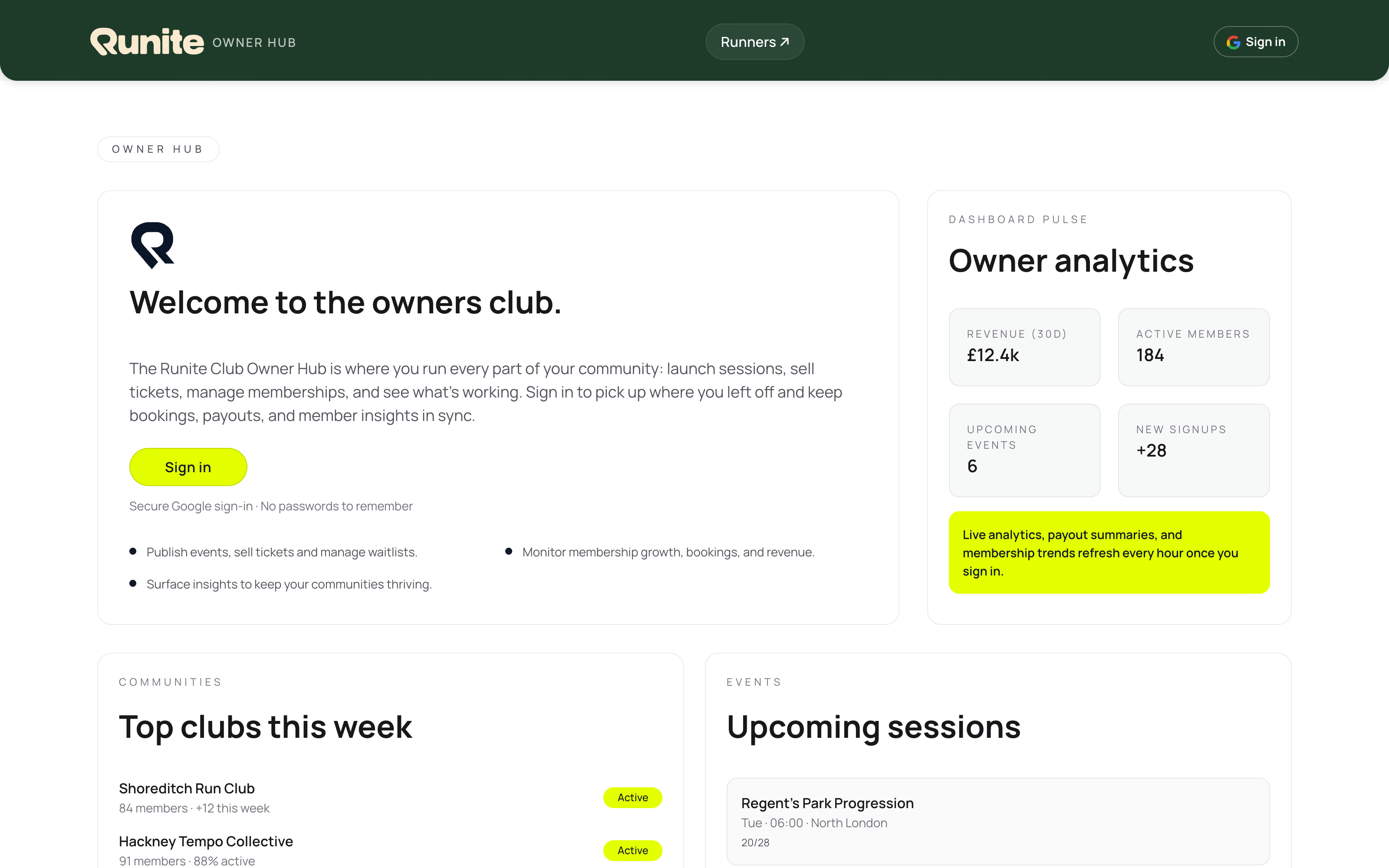 Runite Owner Hub public preview with illustrative event, member and operating information