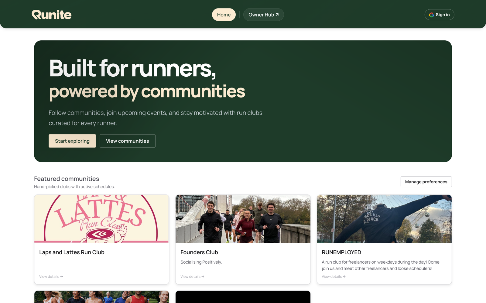 Runite runner discovery demonstration showing populated community cards and routes into the Owner Hub
